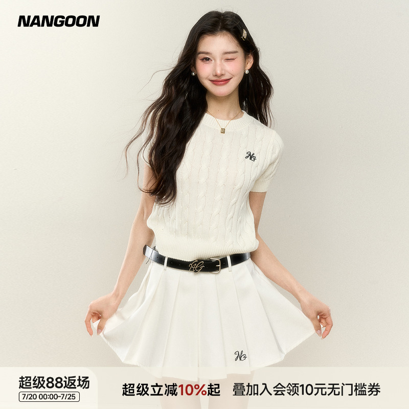 NANGOON 学院风毛衣百褶裙套装毛针织衫T恤短袖上衣女百褶裙辣妹