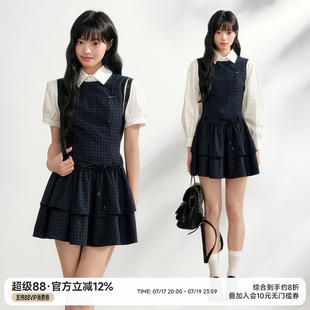 NANGOON 无袖金属吊坠格纹叠层装饰收腰连衣裙衬衫套装春季新款女