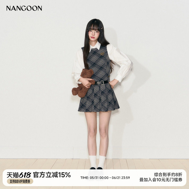 NANGOON 原创设计学院风毛呢格子无袖百褶修身显瘦连衣裙春季裙子