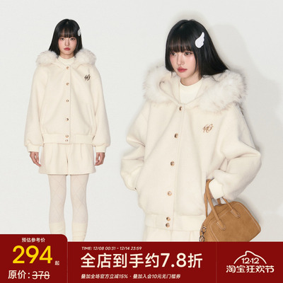 毛呢连帽毛领宽松休闲外套