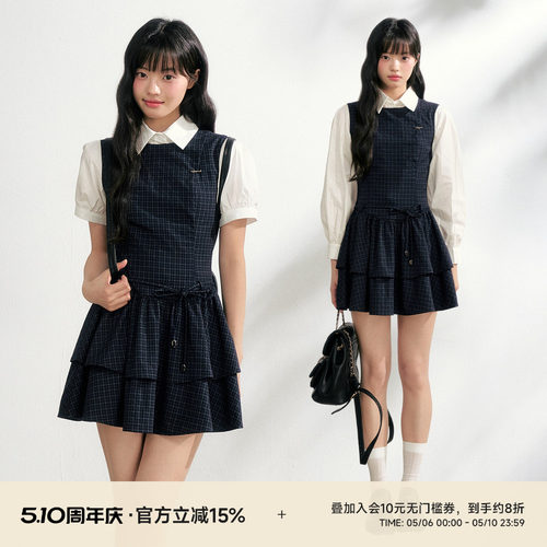 格纹收腰连衣裙衬衫套装