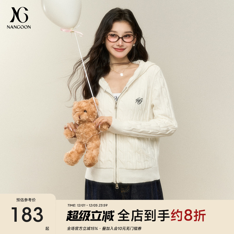 NANGOON 原创学院风简约通勤秋季短款针织毛衣拉链连帽上衣外套