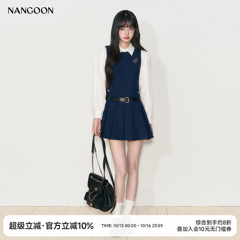 NANGOON 长袖衬衫上衣无袖百褶连衣裙套装气质学院风裙子百搭上衣