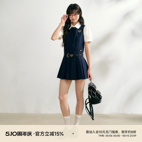 NANGOON 原创百搭收腰衬衫短袖上衣无袖百褶连衣裙套装春季新款女