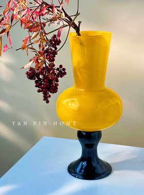 橙色高脚花瓶中古风摆件琉璃水养鲜花插花客厅装饰高级感玻璃花器