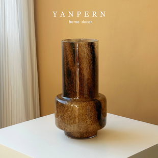 复古简约琉璃玻璃花瓶棕色渐变大口径宋代美学侘寂风客厅装饰摆件