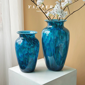 新中式 饰摆件斗柜大花器 孔雀蓝琉璃大花瓶客厅电视柜大口径插花装