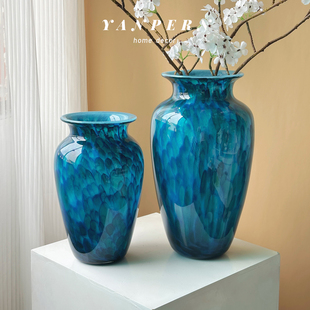 新中式孔雀蓝琉璃大花瓶客厅电视柜大口径插花装饰摆件斗柜大花器