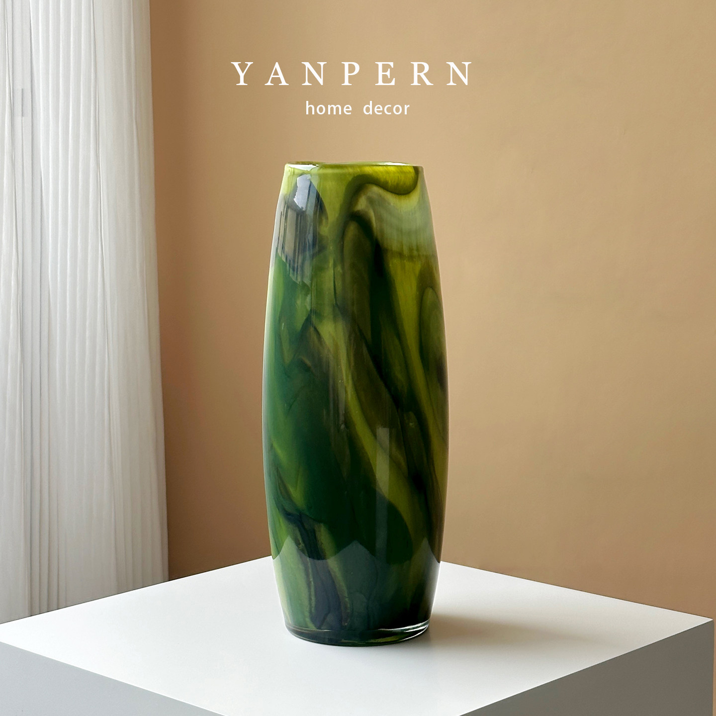 YANPERN现代简约绿色玻璃花瓶圆形家居装饰摆件水养插花琉璃花瓶