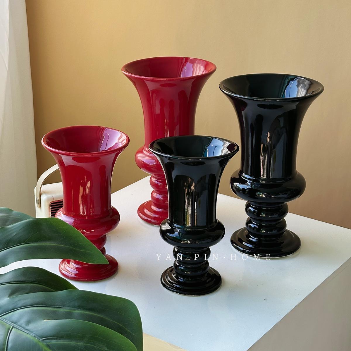 复古黑色红色高脚陶瓷花瓶