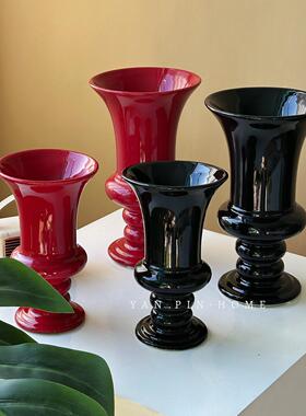 法式复古黑色高脚陶瓷花瓶高级感红色艺术软装玄关插花花器摆件