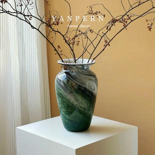 宋式美学轻奢琉璃花瓶客厅装饰摆件高级感大口径新中式玻璃花器
