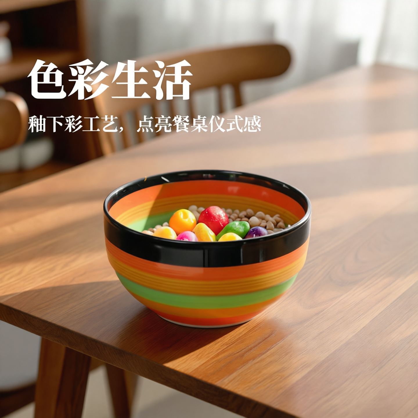 彩虹盘子七彩碗家用家庭装花纹陶瓷碗网红新款家居碗盘釉下彩大碗