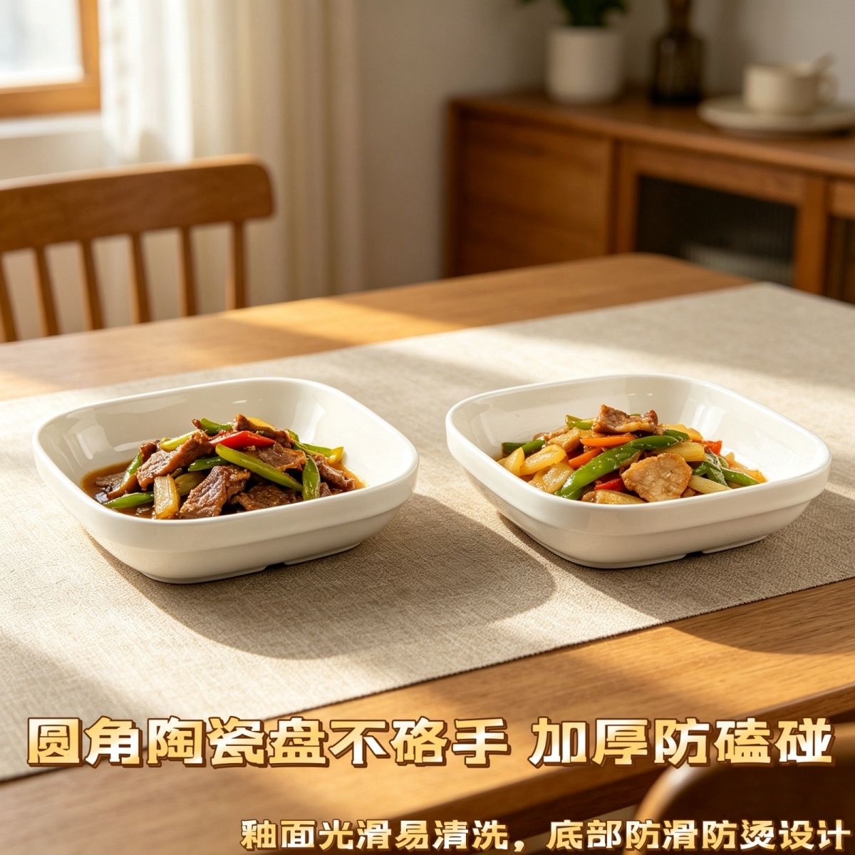 日式加厚陶瓷方盘圆角防烫不硌手家用水果点心盘耐高温方形菜盘