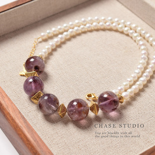 天然珍珠 水晶 天然紫水晶幽灵项链女小众轻奢锁骨链 CHASE