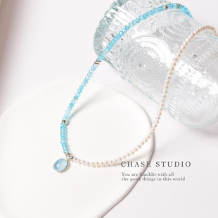 CHASE设计师款 珍珠项链女小众轻奢海蓝宝吊坠锁骨链 托帕石