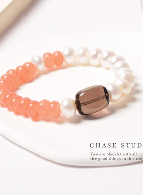 天然淡水珍珠串珠手链甜美橙色