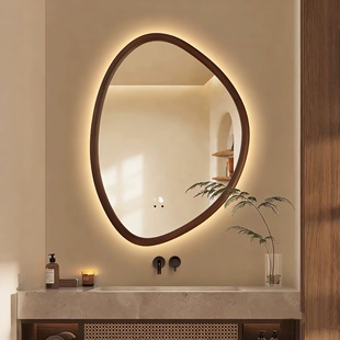 法式复古异形浴室镜壁挂式LED触摸灯实木中式防雾高清卫生间镜子