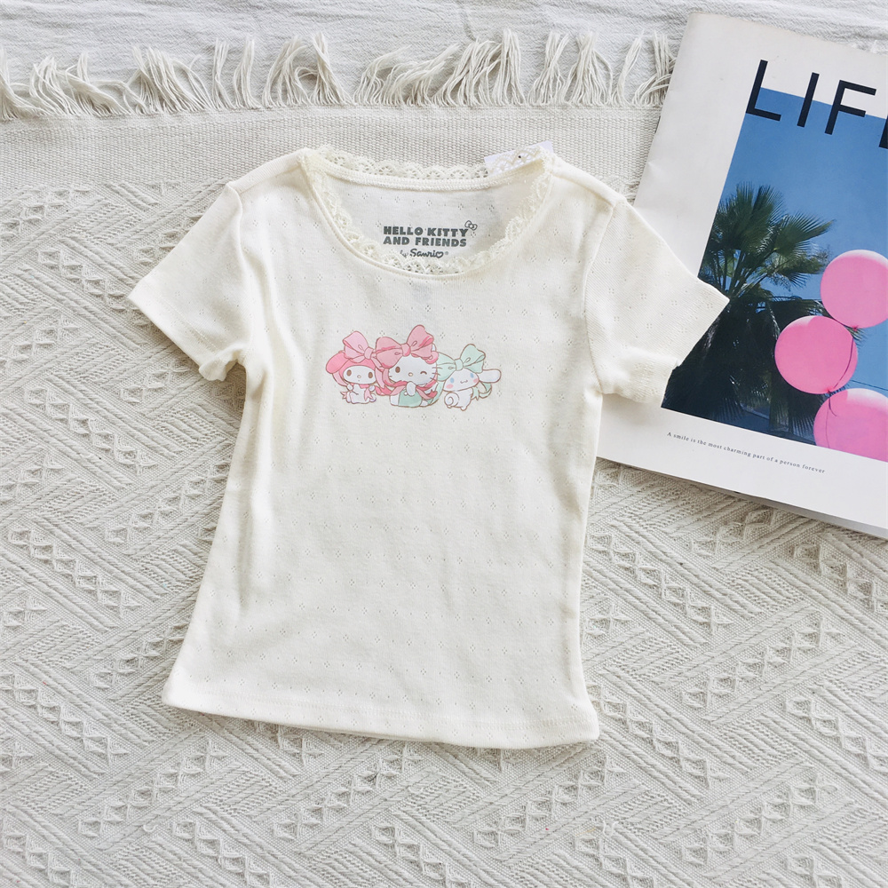 网眼柔软米白kt美乐蒂棉质T恤