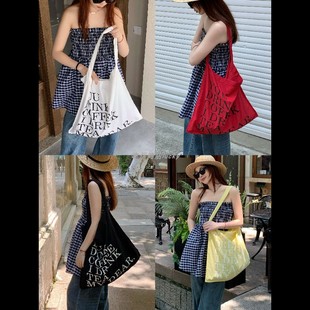 幸运商店韩系字母印花单肩包ins薄款 大容量帆布包百搭布袋子