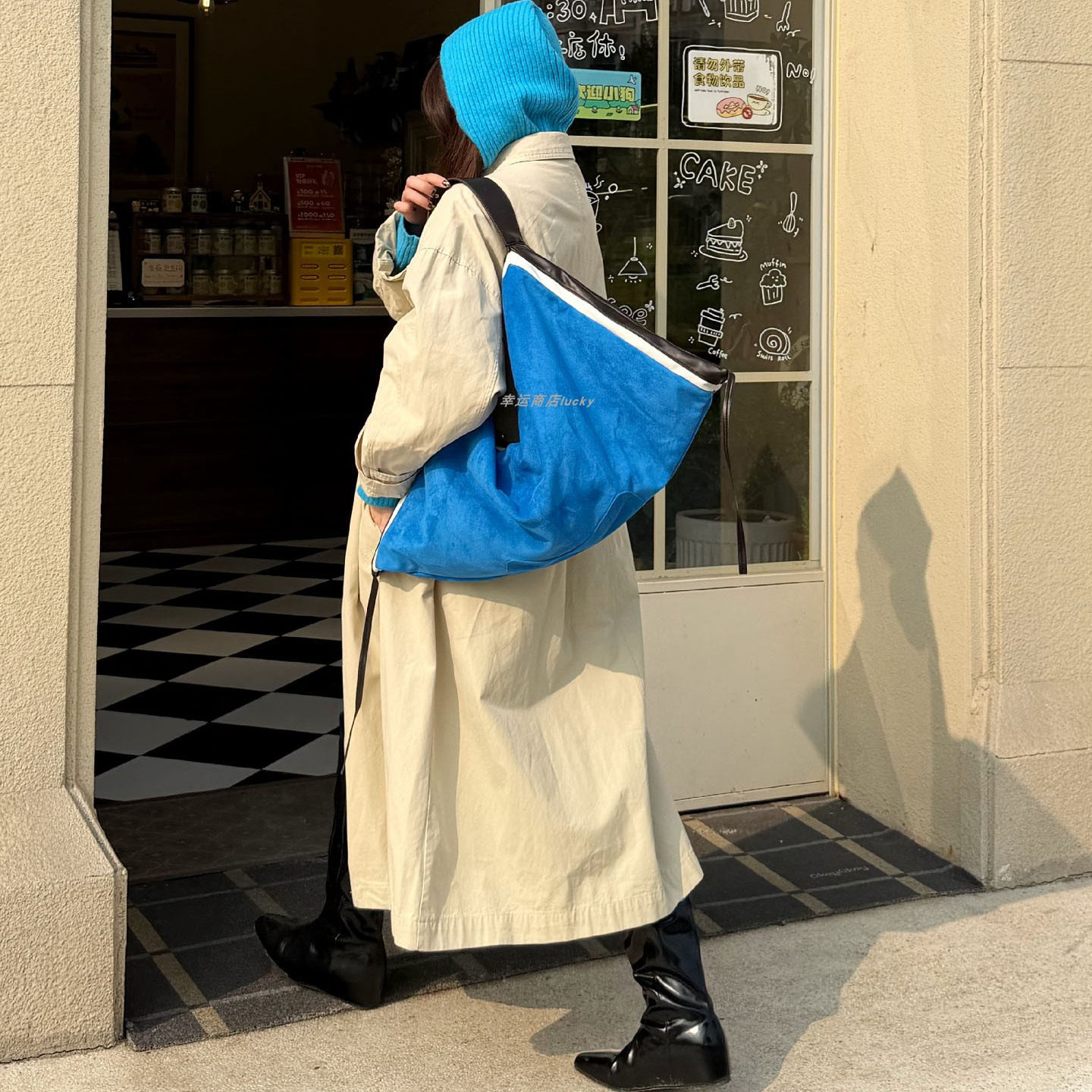 撞色麂皮大容量单肩包拉链手提包