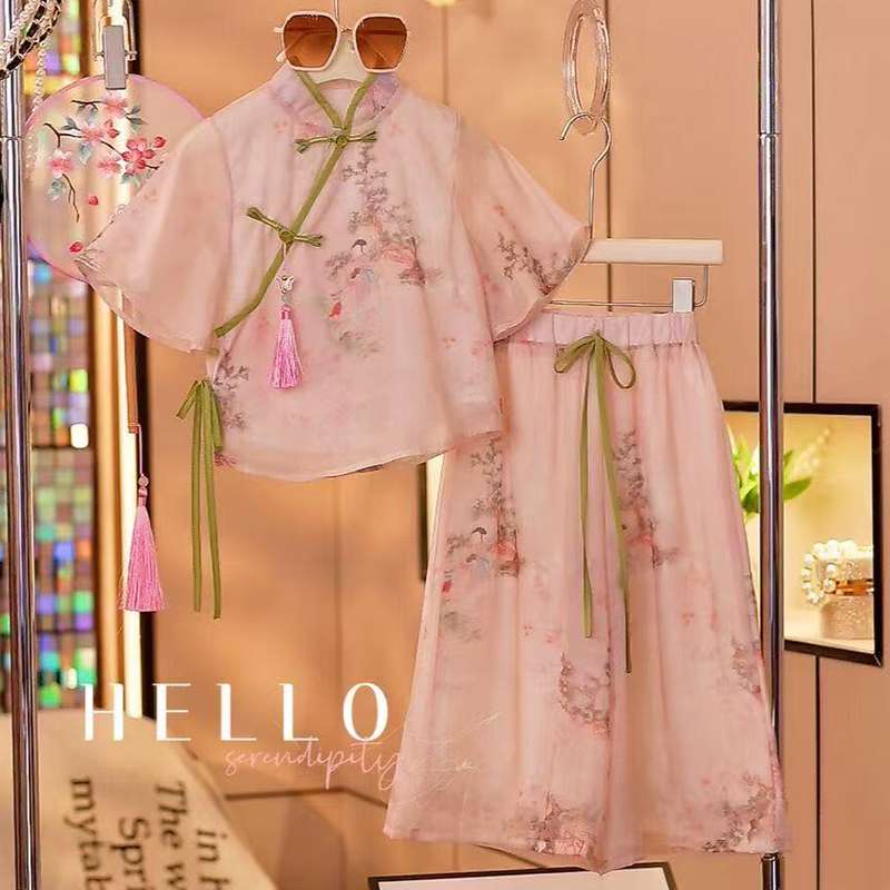 女童汉服套装2025夏季新款儿童新中式唐装国风小女孩阔腿裤两件套