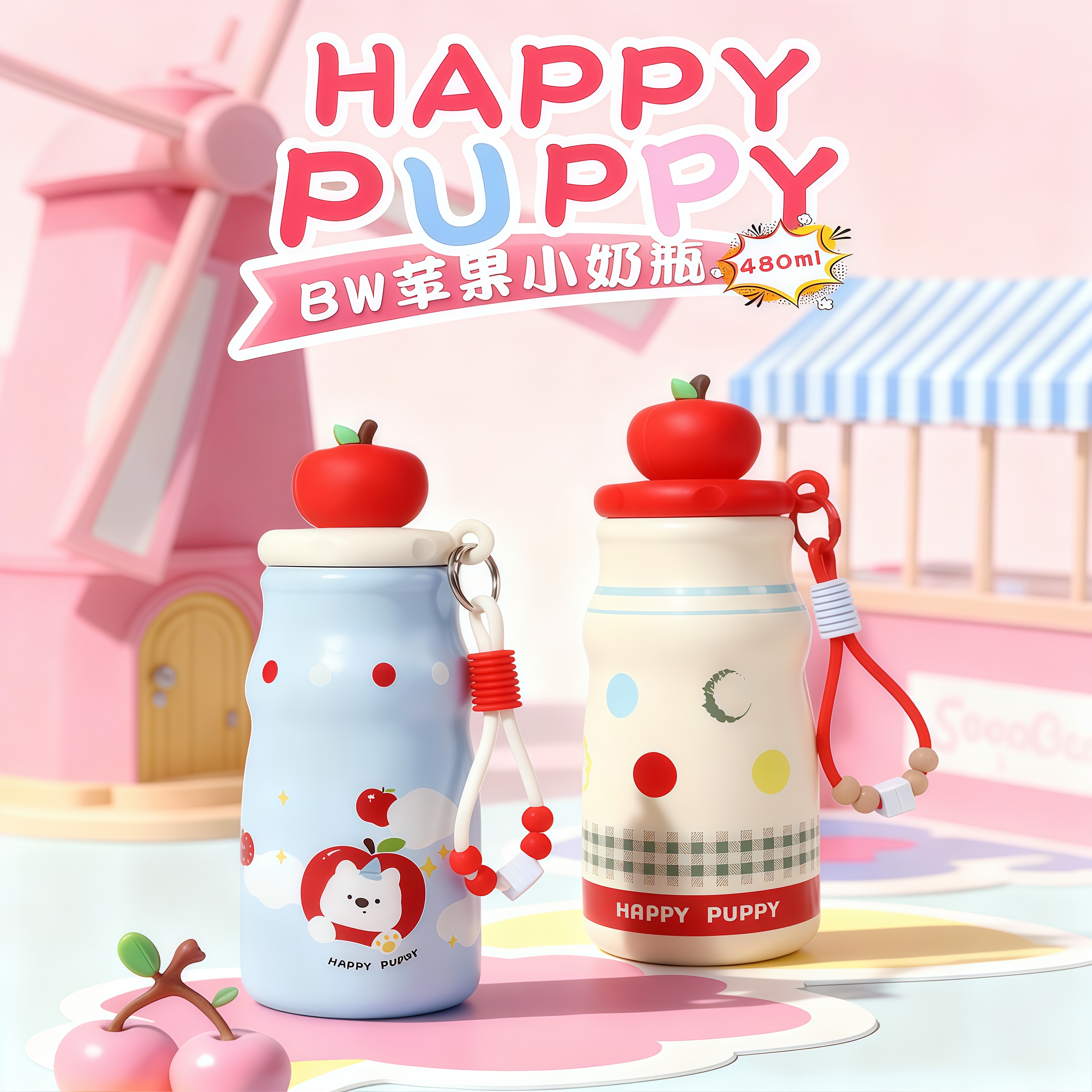 苹果小狗保温杯女生高颜值便携小巧陶瓷内胆水杯2025新款吸管杯子