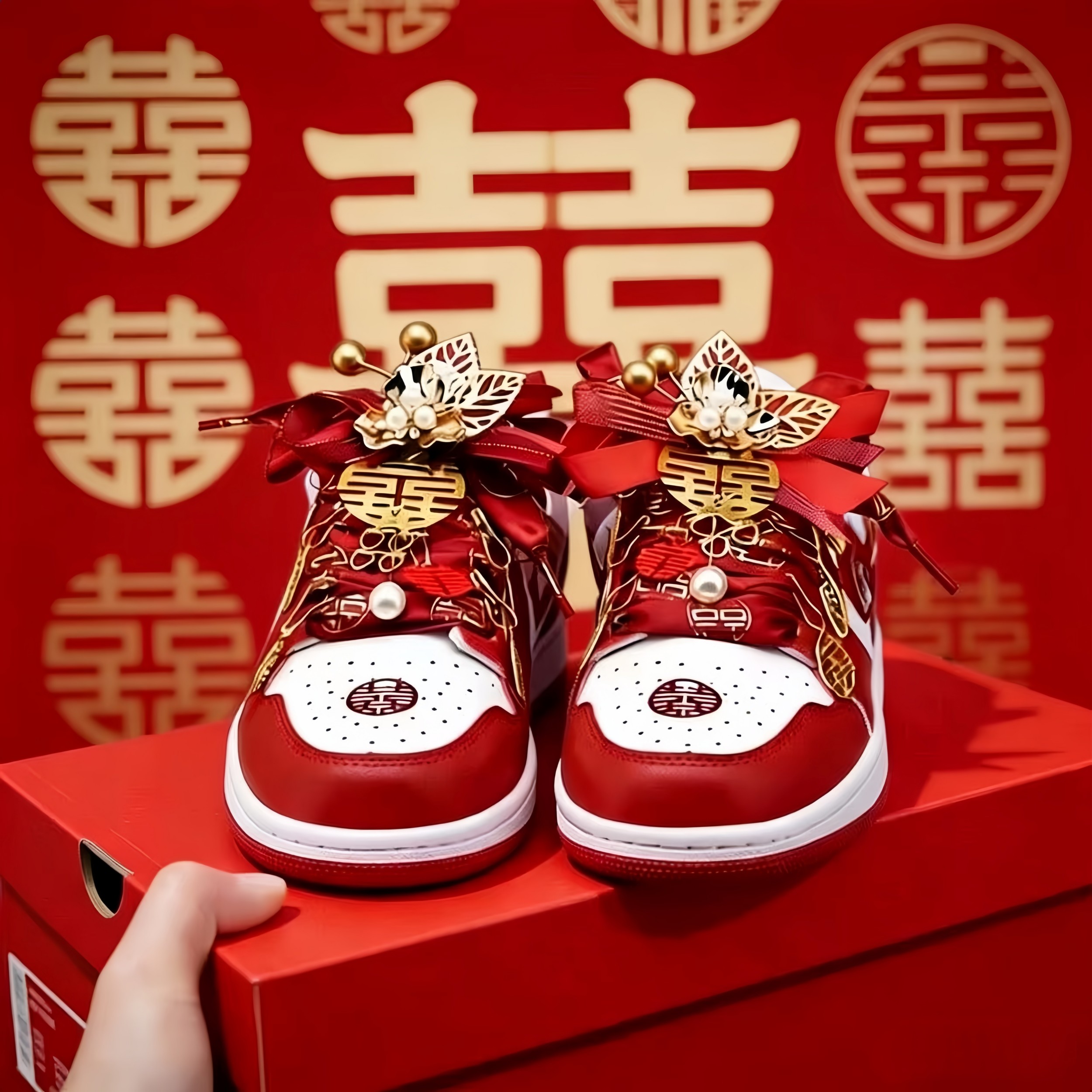 婚鞋新娘鞋男女2026新款禾秀婚纱两穿红色婚礼情侣款平底结婚板鞋图片