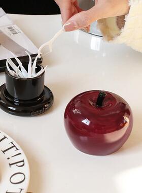 CMYD高颜值平安喜乐苹果牙签罐家居平安果陶瓷牙线收纳罐装饰摆件