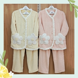 都市丽人女士睡衣LHH1L5法兰绒蓄热暖绒绒V领大花口袋家居服套装