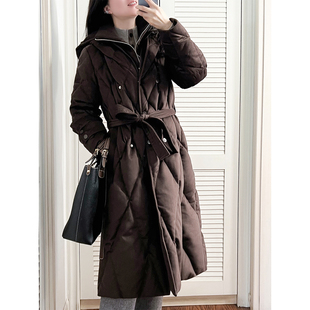 YouYoung悠扬|真丝羊毛连帽菱格绗线鹅绒服女长款收腰加厚保暖