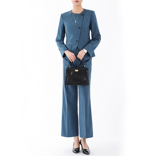精纺羊毛麻 西装套装女 洋气时尚高端 小个子 阔腿裤薄款蓝色