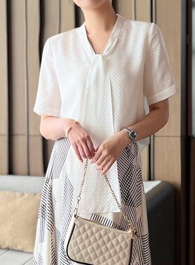 真丝飘带蝴蝶结 桑蚕丝衬衫女短袖上衣 好打理 套头白色提花百搭