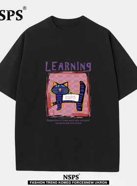 NSPS官方联名特大码300斤男女款涂鸦猫咪夏季短袖t恤潮牌宽松上衣