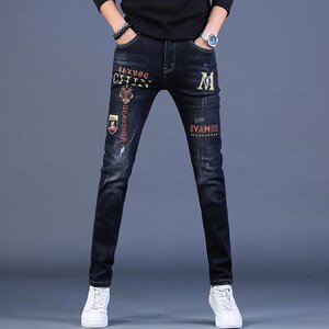 欧货潮牌刺绣牛仔裤男春秋新款弹力修身小脚裤潮流百搭休闲长裤子