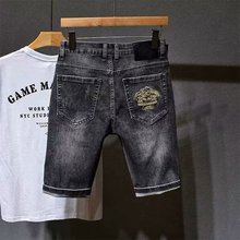 欧洲站刺绣牛仔短裤男夏季新款潮牌弹力裤子潮流修身百搭五分中裤