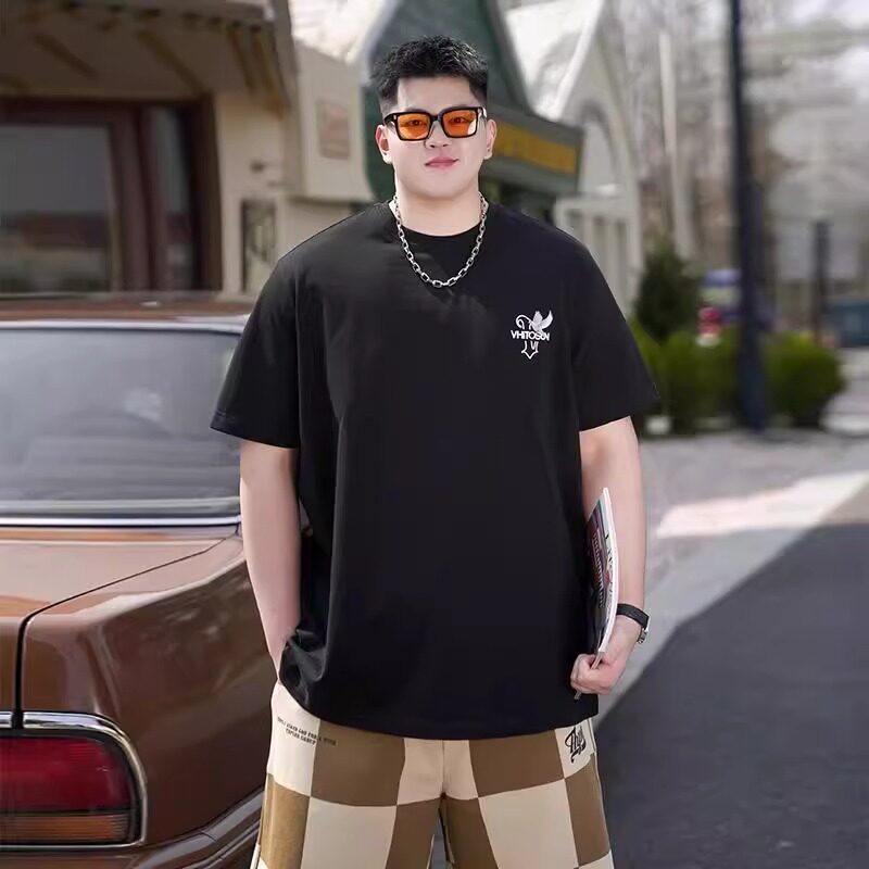 潮牌大码男装夏季潮流和平鸽印花男胖子宽松加肥加大纯棉短袖T恤