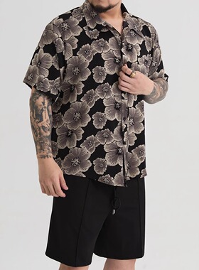 特大码型男灰色玫瑰满印古着复古短袖衬衫宽松加肥加大百搭夏威夷