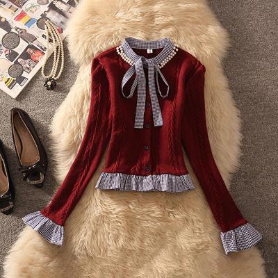 设计感拼接荷叶边针织衫上衣系带