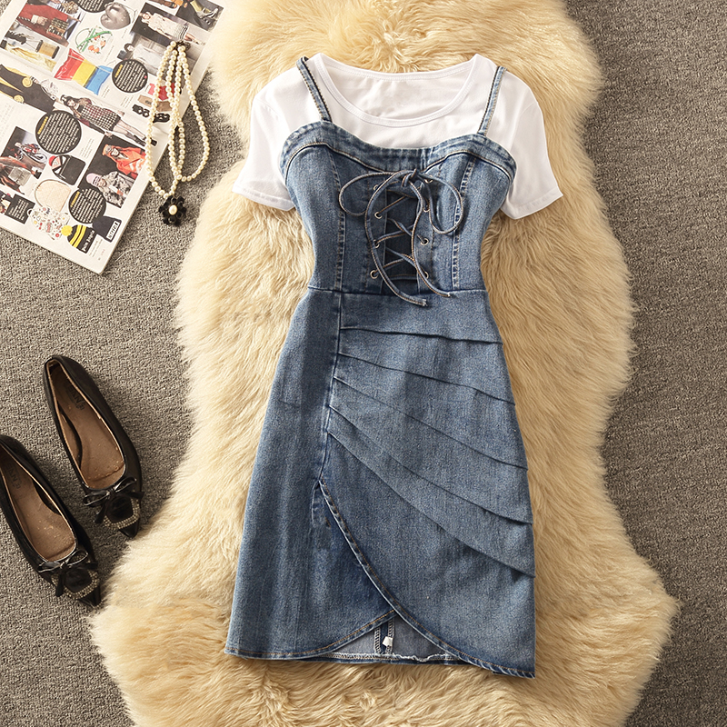 韩版不规则绑带牛仔裙短袖两件套