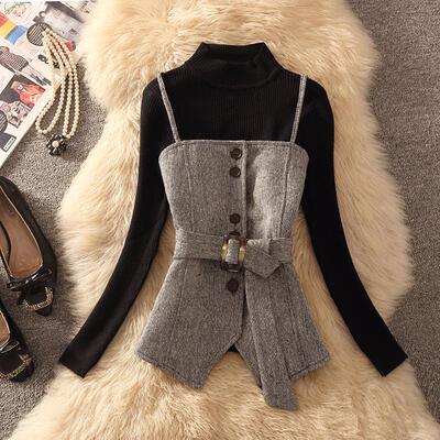 小香风针织衫女秋冬2026新款不规则高级感修身显瘦复古叠穿两件套