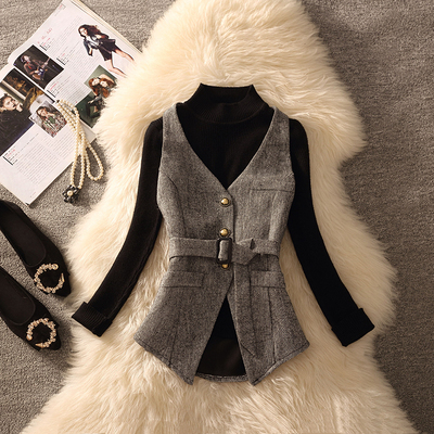 2025春秋新款高级感时尚气质马甲背心内搭黑毛衣修身显瘦两件套装