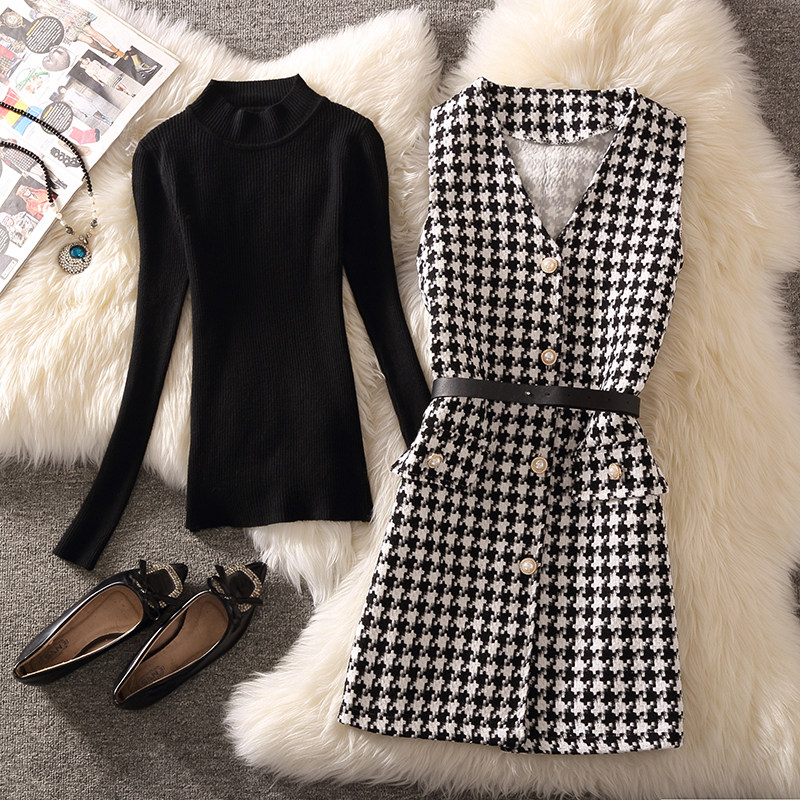 复古小香风单排扣系带马甲女春季新款坎肩打底衫叠穿收腰显瘦套装,女装/女士精品,时尚套装,淘宝优惠券,粉丝福利购,淘宝优惠卷