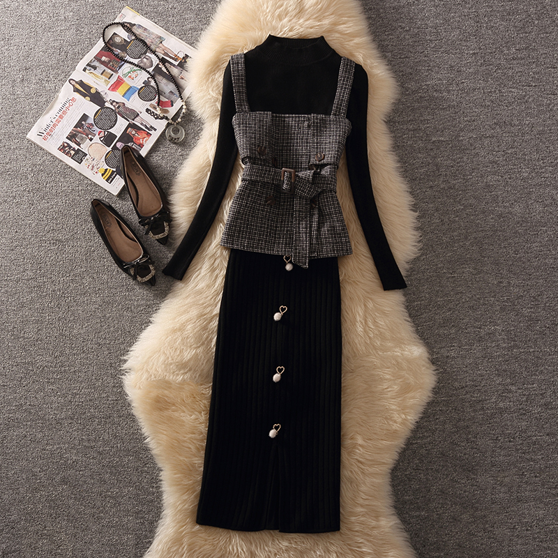 韩系名媛复古格子吊带马甲女春季新款坎肩修身毛衣半身裙三件套装