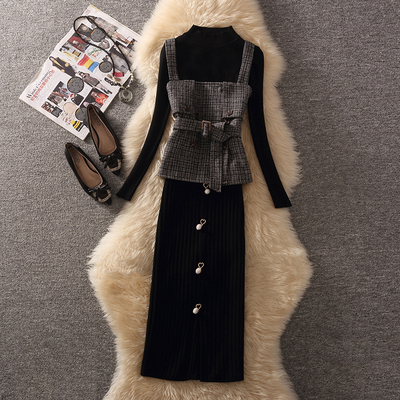 韩系名媛复古吊带马甲毛衣半身裙