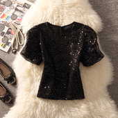 衬衫 2026春季 女设计感小众上衣 时尚 甜美百搭显瘦亮片短袖 新款 韩版