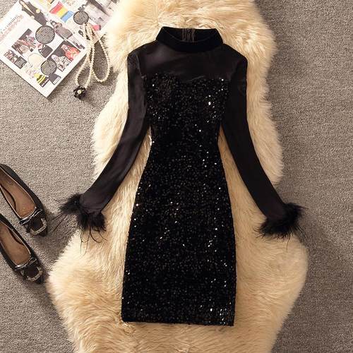 2026春装新款性感连衣裙网纱宴会礼服包臀裙子轻奢闪闪亮片小黑裙