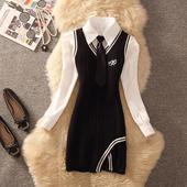 秋季 学院风领带女长袖 叠穿辣妹包臀刺绣针织背心裙两件套撞色减龄