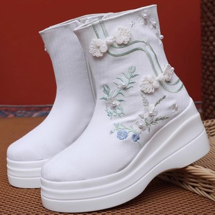 慕蓝枫汉服短靴女古风中国风配汉服绣花鞋子厚底增高古装靴武侠靴