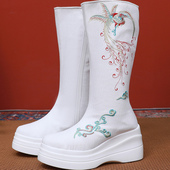 秋冬古风汉服鞋 子女坡跟内增高明制圆头厚底武侠皂靴白色厚底靴